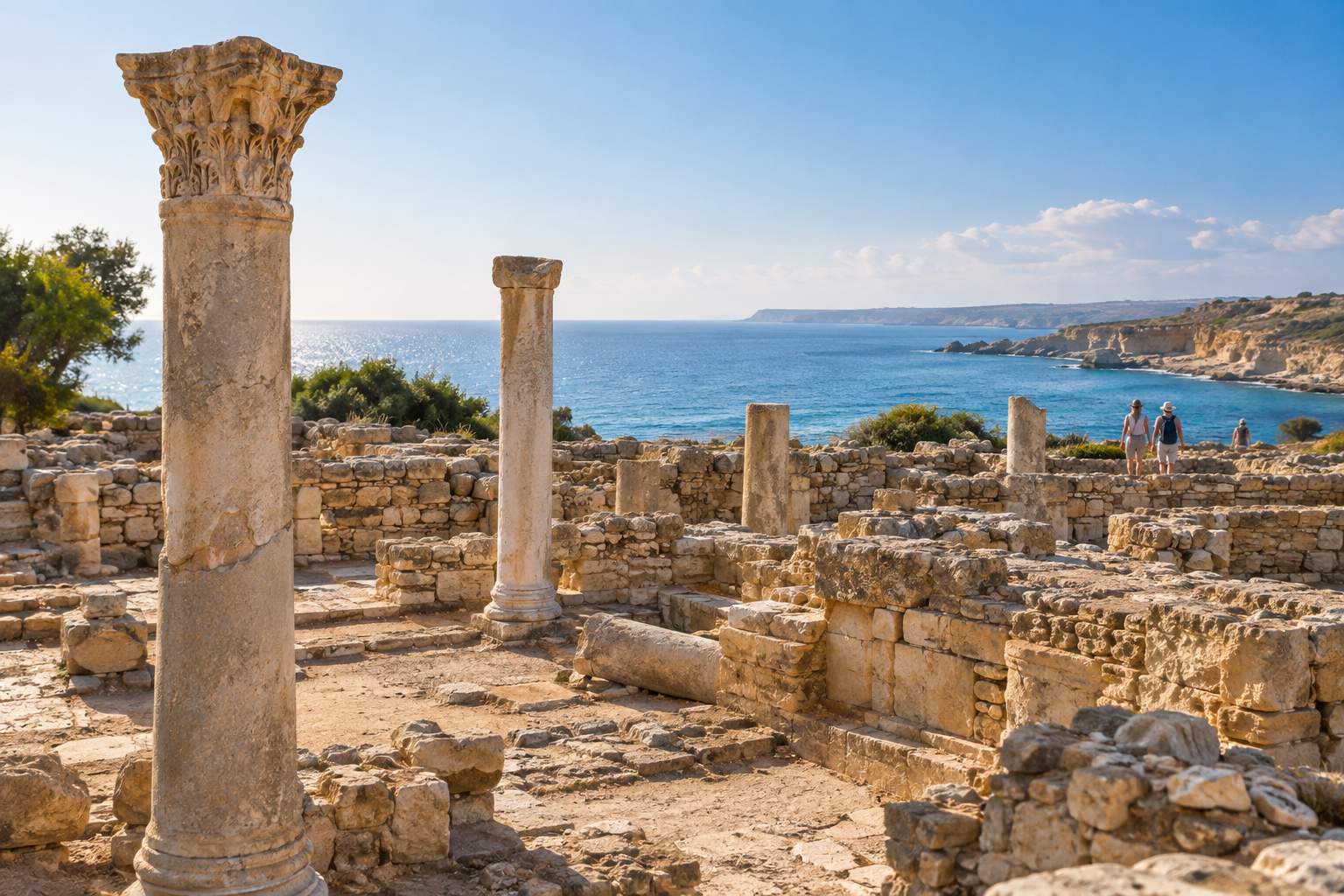 Illustration of ancient stone ruins near the Mediterranean coast