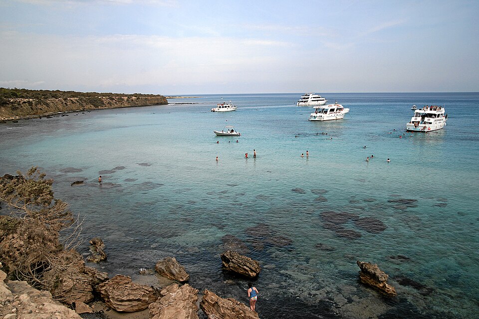 Boats anchored in the Blue Lagoon on the Akamas coast